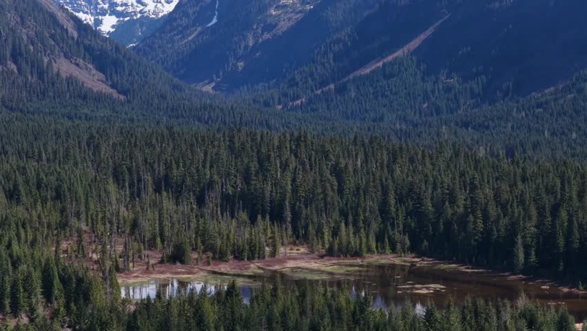 Snoqualmie Pass with alpine lake nestled in dense evergreen forest valley, snow-capped peaks and rocky slopes rising steeply above wet meadow under blue sky. Washington, USA. Aerial view.