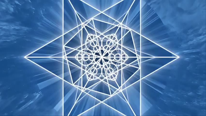 A complex, symmetrical, glowing white geometric symbol that forms a pattern like an eight-horned star or a geometric mandala.