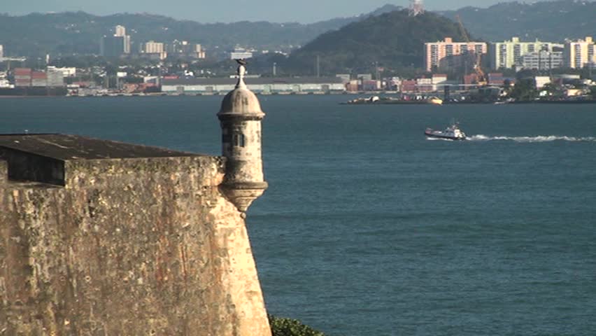 Old city walls overlooking San Juan Harbor in Puerto Rico