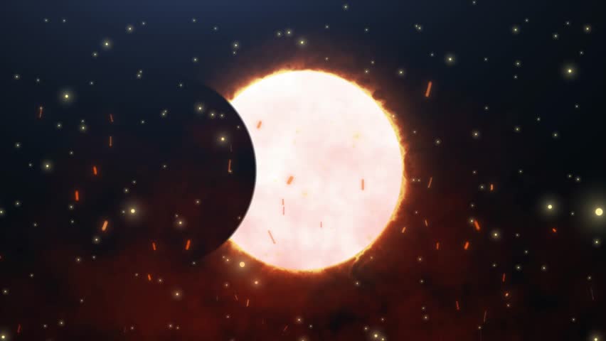 A partial solar eclipse occurs with glowing particles in the dark sky.