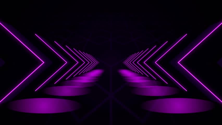 Abstract purple neon arrows and circular lights moving in a dark tunnel, futuristic motion background with digital laser perspective.