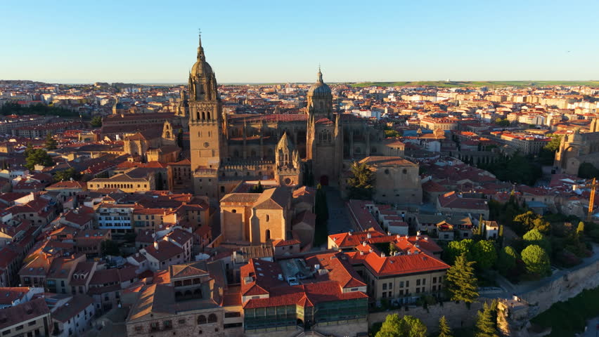 Aerial view of Famous Church In Center Of Old Beautiful Town Of Salamanca, Spain