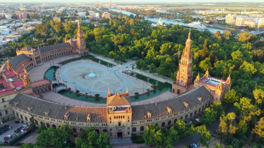 Seville square panorama. Aerial shot of Seville plaza. View from above of historic Seville site