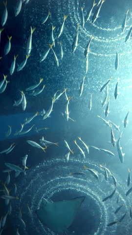 Stingray swimming upward with large school of fish in deep blue aquarium water, beautiful marine life under ocean view, low angle vertical shot of aquatic animals in glass tank, sea world tourism and environmental conservation concept