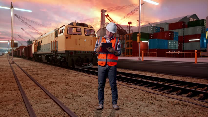 Full Body Of Asian Male Engineer With Safety Helmet Taking Note On The Tablet And Looking Around While Standing With Freight Cargo Train At Port