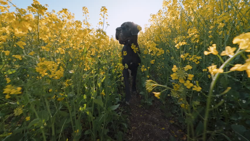 Large black dog running path blooming yellow rapeseed field summer afternoon low angle eye level tracking shot dynamic motion countryside pet health conceptual graphics