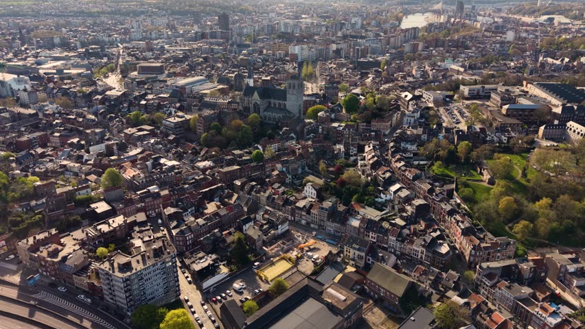Aerial panoramic view above the city Liege beside the old town on a sunny morning  in Belgium.