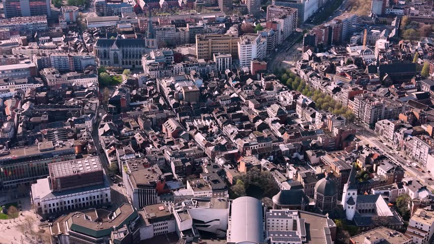 Aerial panoramic view above the city Liege beside the old town on a sunny morning  in Belgium.