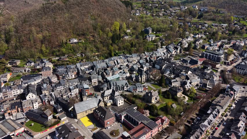 Aerial panoramic view above the city Malmedy beside the old town on a sunny noon  in Belgium.