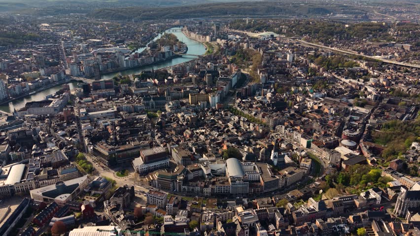 Aerial panoramic view above the city Liege beside the old town on a sunny morning  in Belgium.