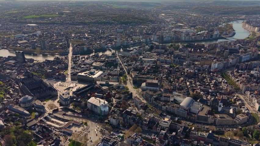 Aerial panoramic view above the city Liege beside the old town on a sunny morning  in Belgium.