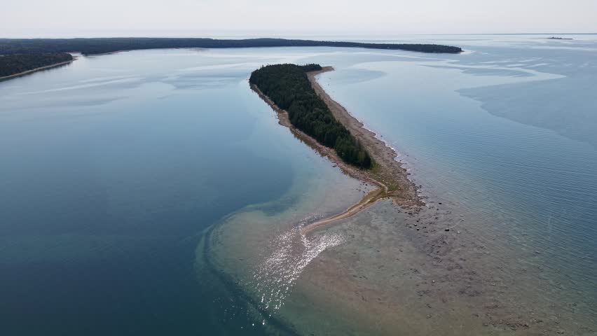 Drone aerial shot of a remote island in Lake Huron at Hessel, Michigan.