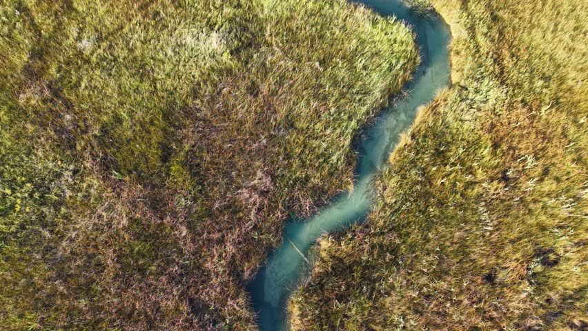 Aerial view of a pristine wilderness river in Hessel, Michigan, flowing into Lake Huron.