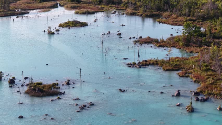An aerial view of a wilderness lake with blue water near Hessel in Michigan