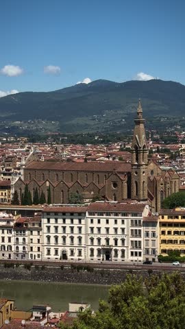 Panoramic view of Florence, Italy, showcasing the Arno River, historic architecture, and iconic landmarks under a clear blue sky with scattered clouds
