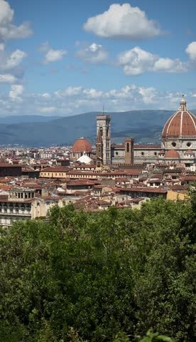 Panoramic view of Florence, Italy, showcasing the Arno River, historic architecture, and iconic landmarks under a clear blue sky with scattered clouds