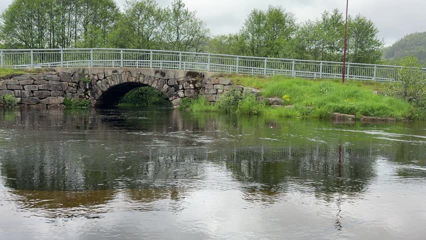 Small stone bridge crossing a calm pond surrounded by green trees under an overcast sky, showcasing peaceful natural scenery and rural charm