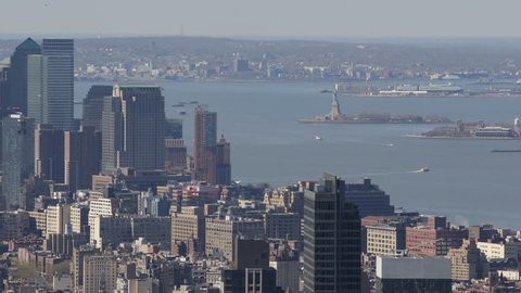 Aerial View of Downtown Manhattan, New York City, Hudson River, Liberty Statue