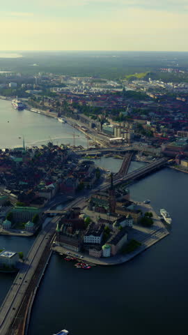 Vertical video. Stockholm, Sweden. The Royal Palace (Kungliga Slottet) dominates the northern edge of Gamla Stan, its Baroque stone facades and copper roofs forming one of Europe