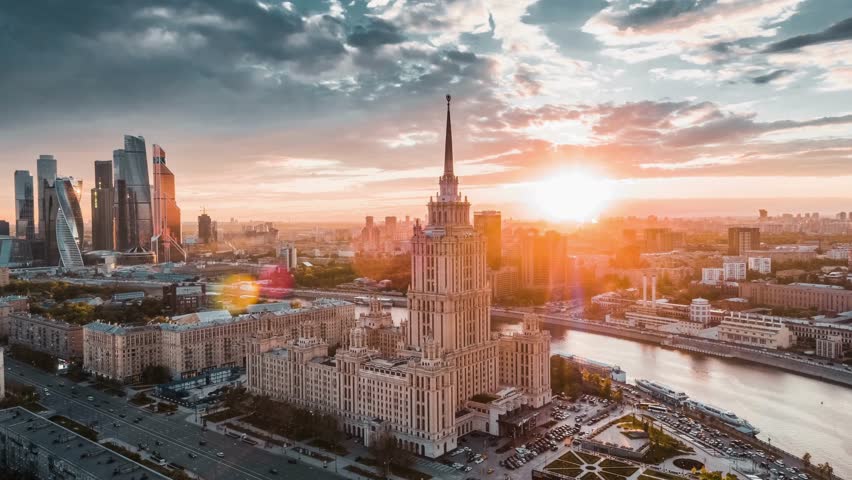Beautiful aerial view of moscow city skyline at sunset
