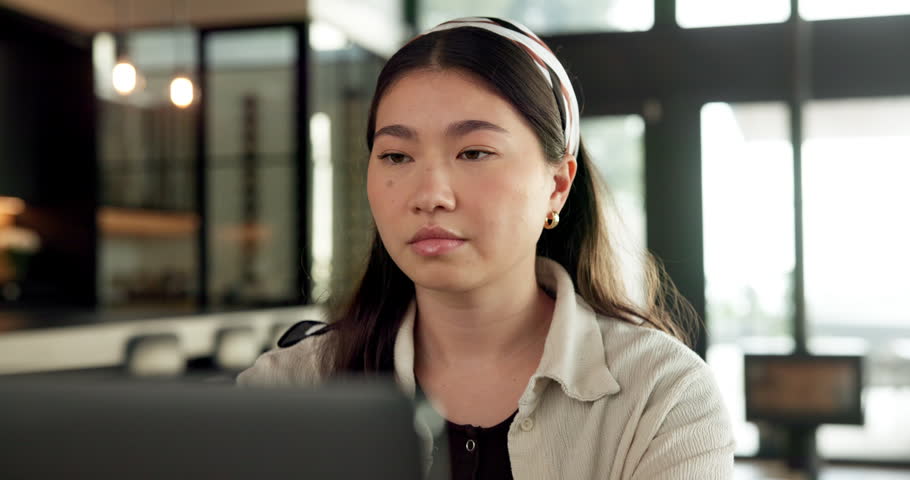 Student, thinking and Asian woman in home with laptop, problem solving and elearning for university. Person, reading and study in house with computer, online education and college research project.