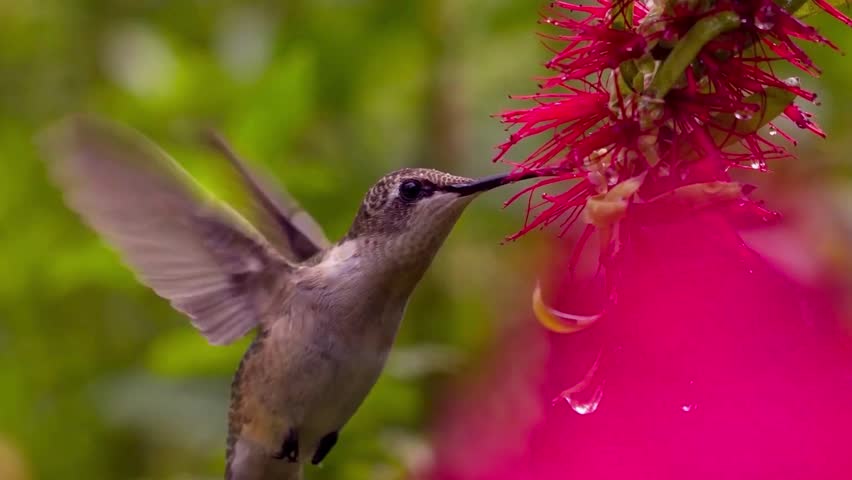 A hummingbird spreads its wings and tail feathers while hovering next to a vibrant red flower