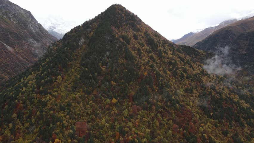 Majestic aerial view of Mount Kubus pyramid peak covered with colorful autumn forest. Drone landscape shot of Caucasus mountains under a cloudy sky in North Ossetia