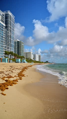 Shoreline with condominiums and lifeguard hut, Miami Beach, Florida. Vertical view of turquoise waves, sargassum seaweed and sandy coast under clouds.