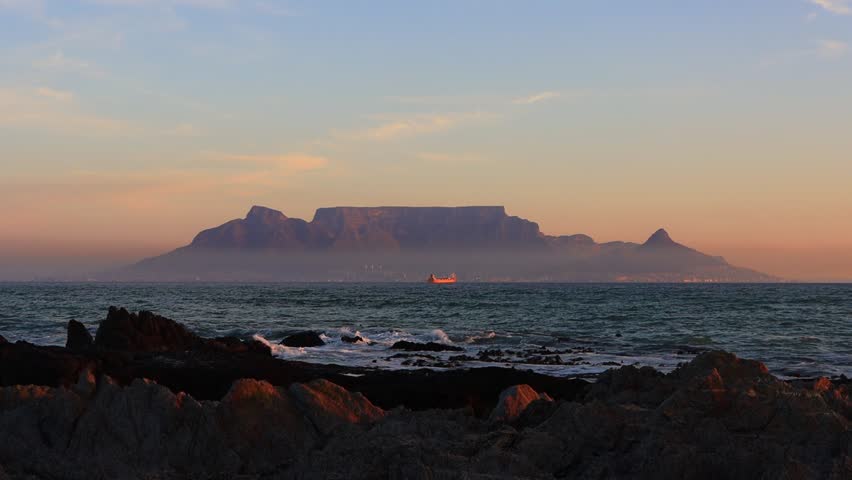 Table Mountain at Sunset Viewed from the Atlantic Coast, Cape Town, South Africa
