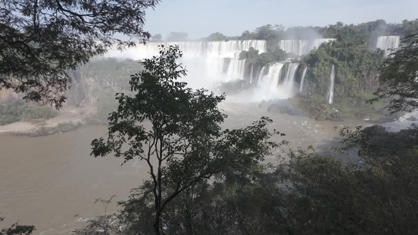 Waterfall viewed through lush vegetation from forest trail footage
