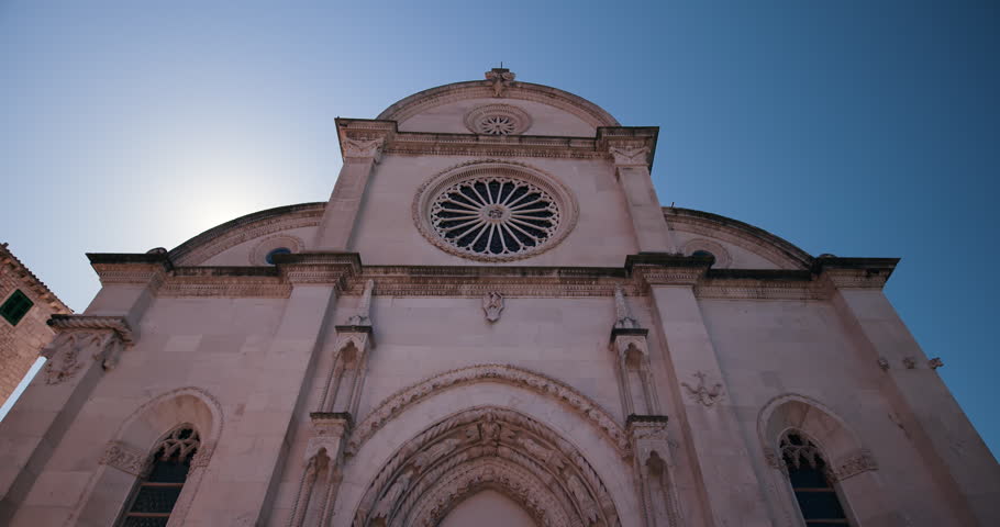 Front facade of Saint James Cathedral in the historic center of Sibenik, Croatia.