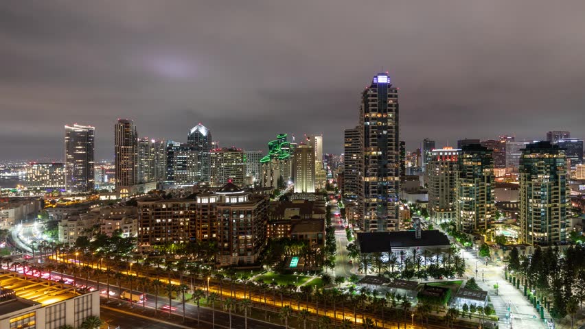 Time lapse of the skyline of downtown San Diego at night
