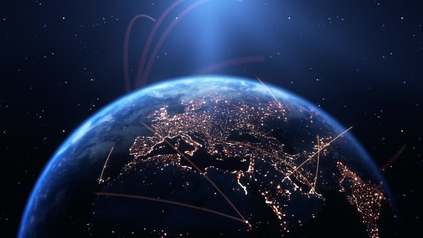 Global Connection Lines. Earth Network Data Transfer. Futuristic AI Technology, 5G, Globe Satellite Communication, Internet Connectivity, Big Data, Digital World Background Animation. Crypto Exchange