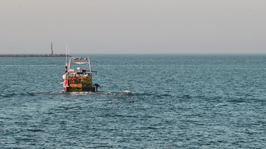 Stonington Borough, Connecticut, USA - Commercial Fishing Lobster Boat Leaving Harbor