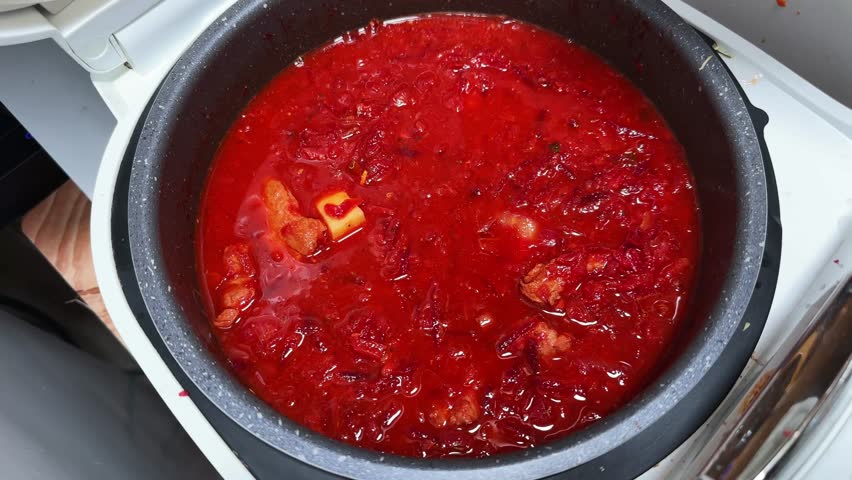 Stirring with spatula of raw potato and other different stewed vegetables and pork ribs with water in a pot of a household multi-cooker for cooking of a typical red borscht 
