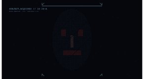Advanced biometric facial recognition interface featuring a scanning laser line moving across a digital dot-matrix portrait. This high-tech HUD simulates real-time identity verification and data acquisition processes. projects involving artificial intelligence, cyber security, surveillance, or futuristic UI this sleek, minimalist provides a aesthetic for tech-focused presentations and cinematic motion - Powered by Shutterstock - Get 15% off with code: PIKWIZARD15