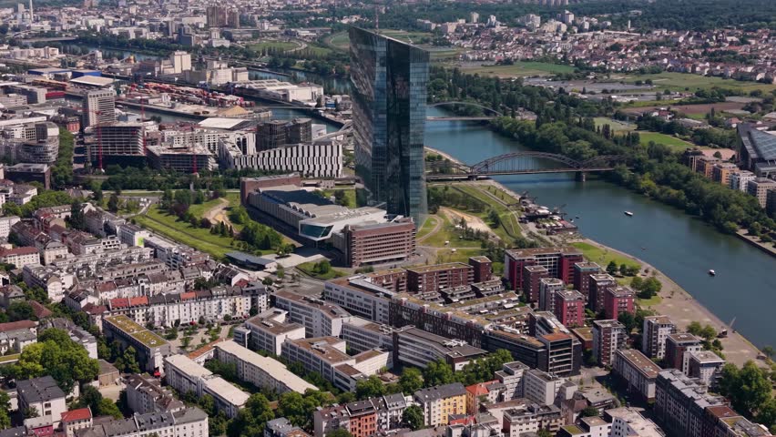 Aerial view around the old town of the city Frankfurt in Germany ,  on a sunny spring afternoon. 