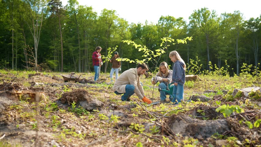 Caucasian family watering newly planted tree sapling on cleared forest land. Parents and little daughter supporting reforestation effort. Community restoring ecosystem. Sustainable environment.
