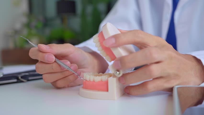 Dentist using equipment with teeth model
