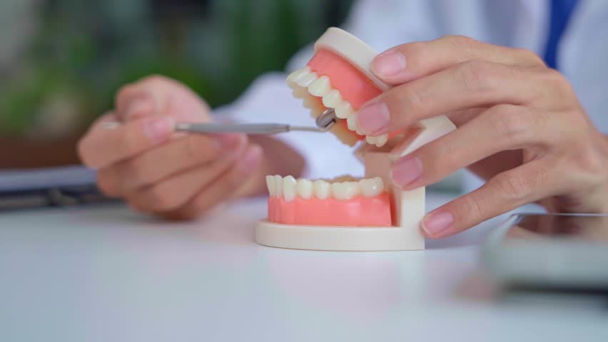 Dentist using equipment with teeth model