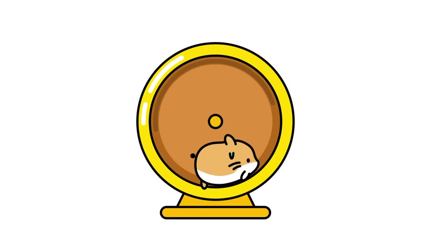 A golden yellow hamster running inside a round exercise wheel illustration with a warm amber color scheme and cute cartoon style design