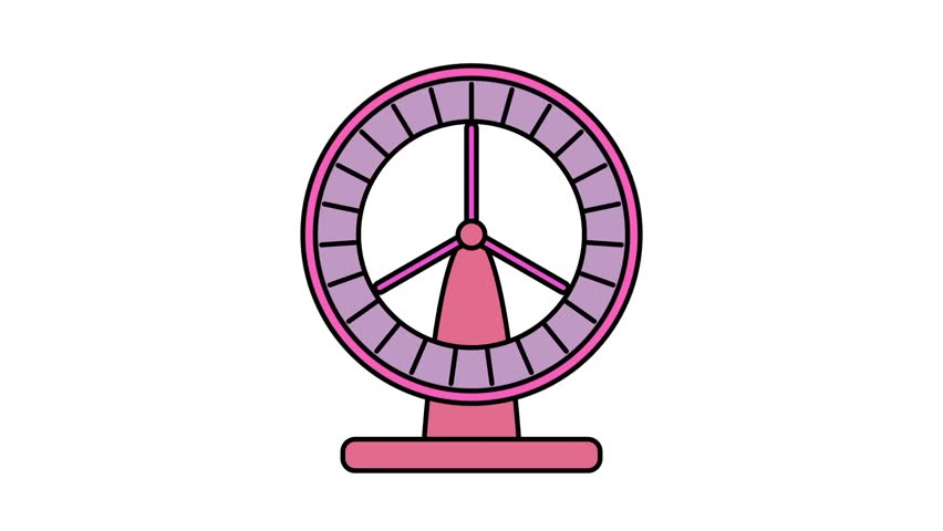 A colorful pink and purple hamster exercise wheel illustration with a flat design style featuring a round spinning wheel on a pink base stand