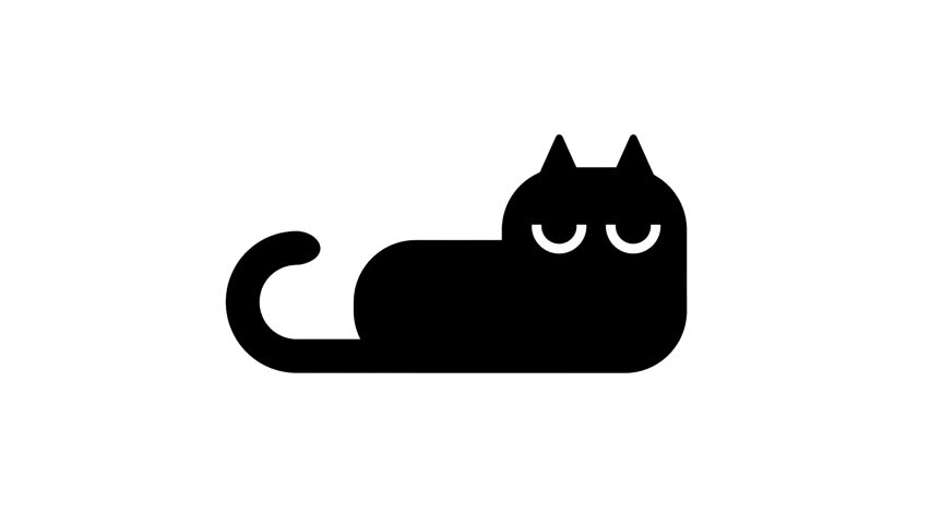 A sleek solid black silhouette of a cat lying down with closed eyes illustration in a minimalist flat style with a simple rounded body shape