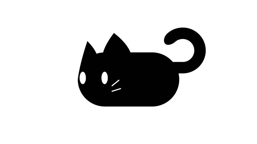 A bold black cartoon cat with a round chubby body and curly tail illustration in a flat graphic style with thick outlines and a playful expression