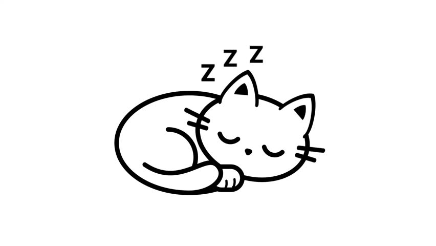 A cute white cat curled up sleeping with ZZZ letters floating above in a simple black outline doodle style on a clean white background illustration