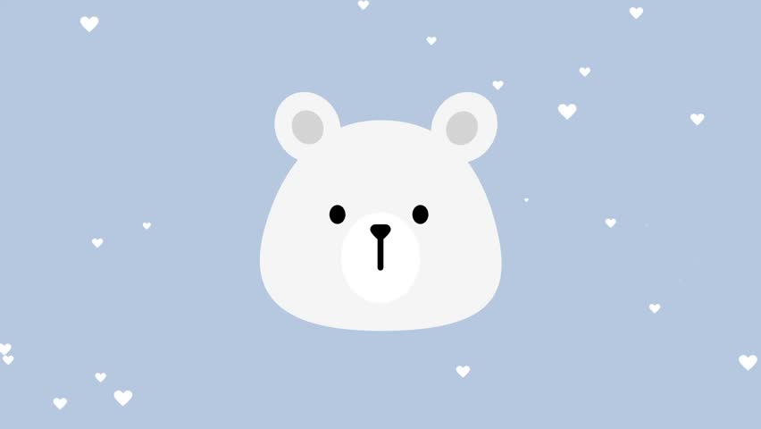 A single adorable white polar bear face on a soft blue snowy background illustration with a cute minimal cartoon style and small dot eyes and nose
