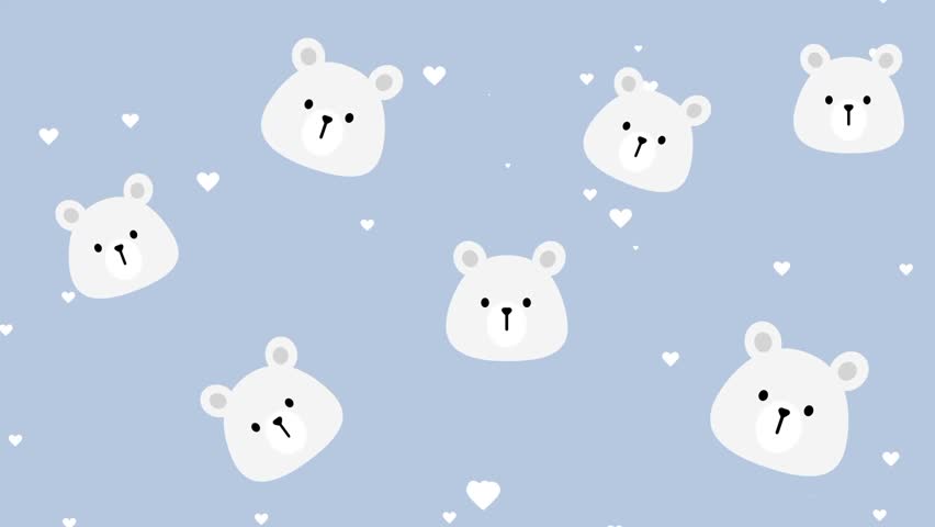Many small white polar bear characters scattered across a soft blue snowy background in a repeating cute pattern illustration with a wintry festive theme
