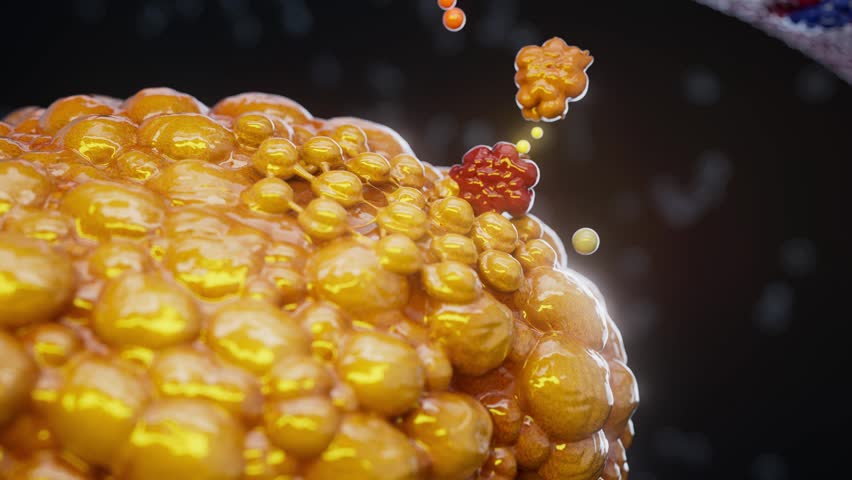 Conceptual 3D animation of an adipocyte releasing fatty acids