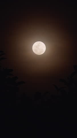 Vertical video. Bright Full Moon Centered In Night Sky With Warm Halo And Faint Clouds, Minimal Composition, Atmospheric Nature Background.
