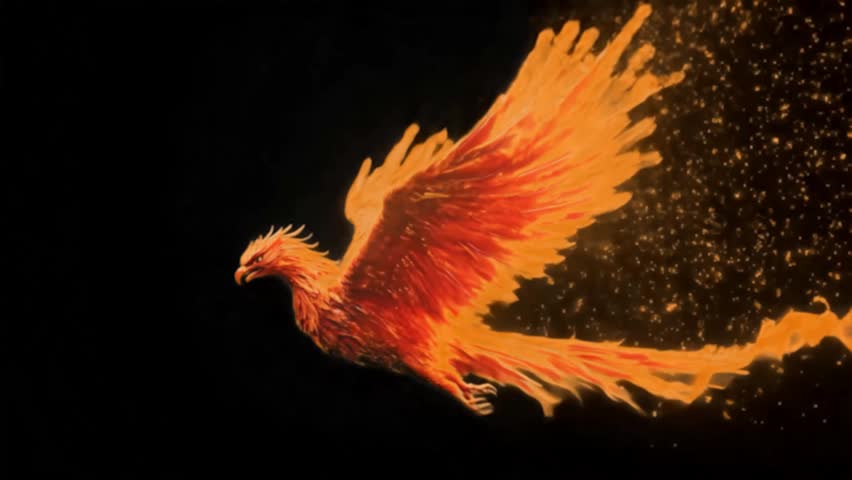 A phoenix bird in flight with fiery plumage against a dark background.